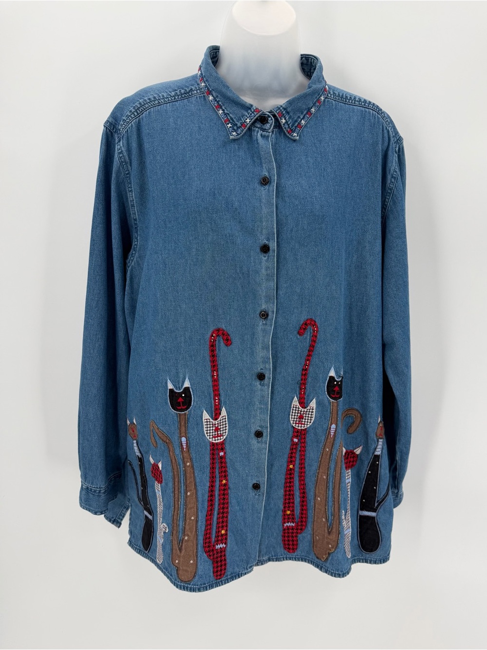 VTG Bobbie Brooks Shirt Womens XL Blue Denim Patchwork Cats Button Up L/s 90s